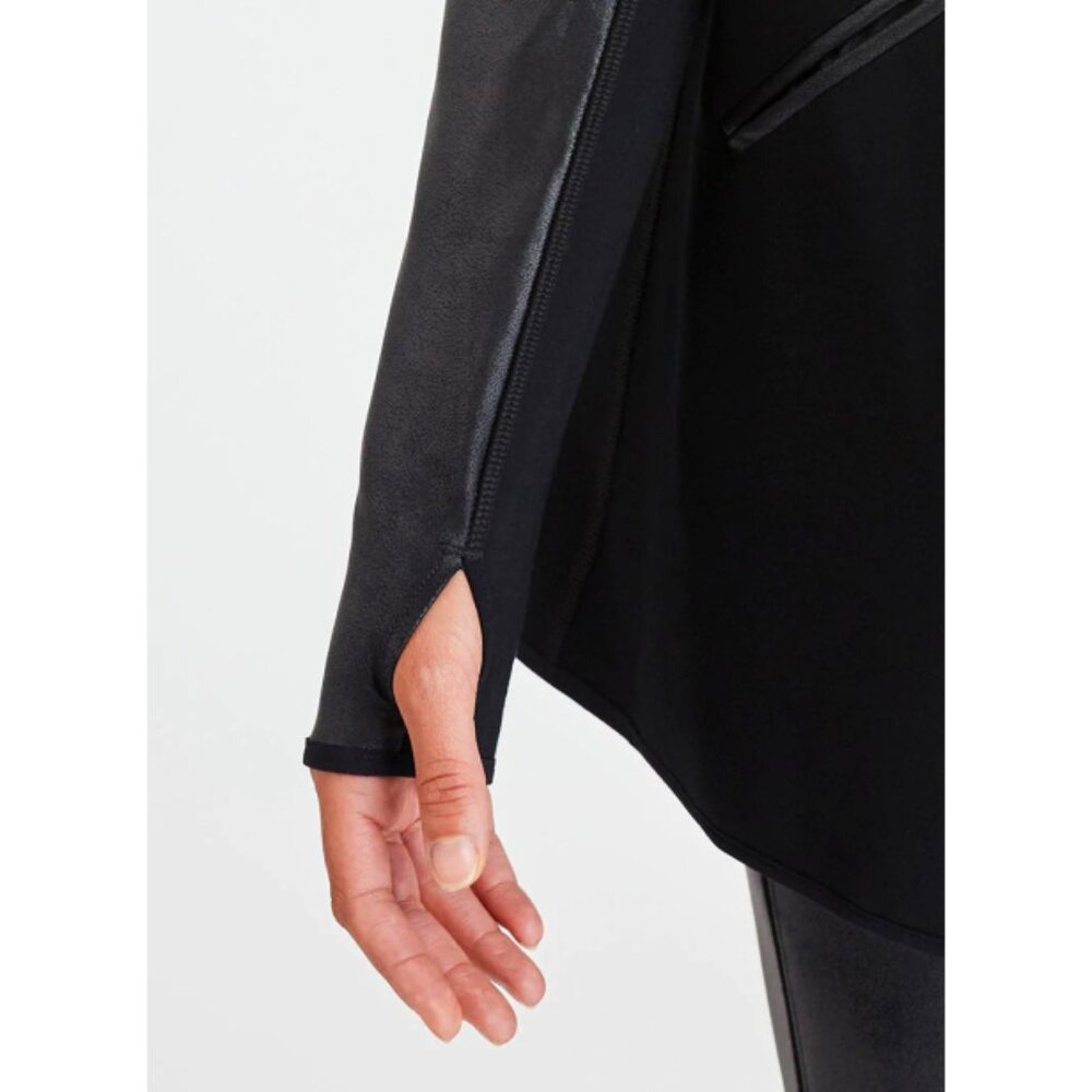 Spanx Faux Leather Drape Front Jacket Very Black Edgy Motorcycle Leather Coat S - Picture 7 of 16